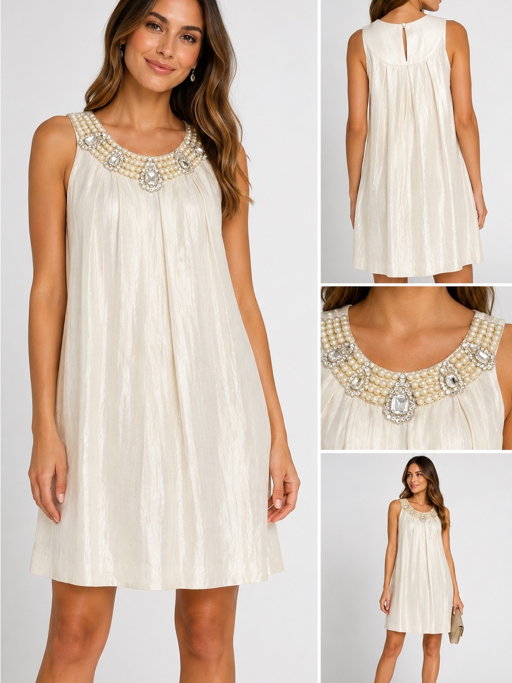 Alexia Admor Ivory Pearl Crystal Embellished Shift Dress Medium Made in USA EUC